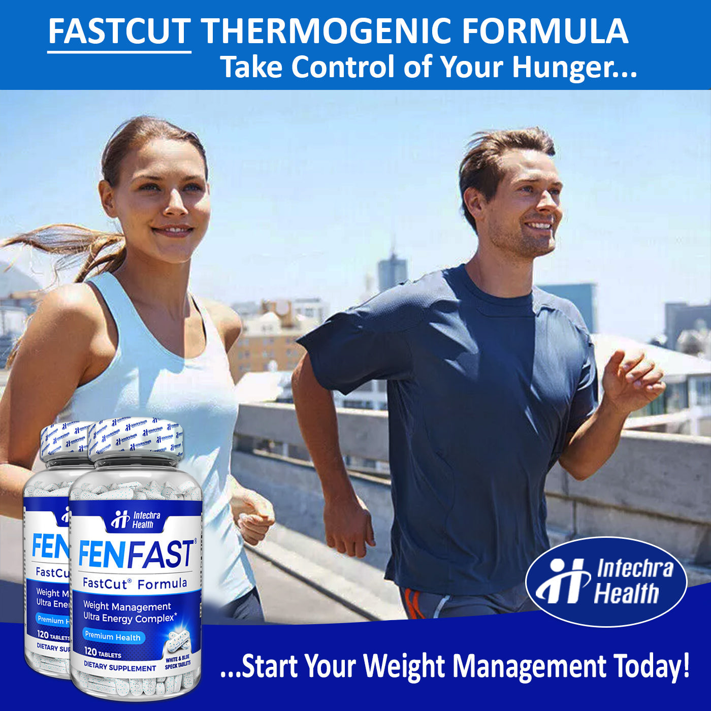 Two people running outdoors with Intelectra Health FastCut Thermogenic Formula bottles.