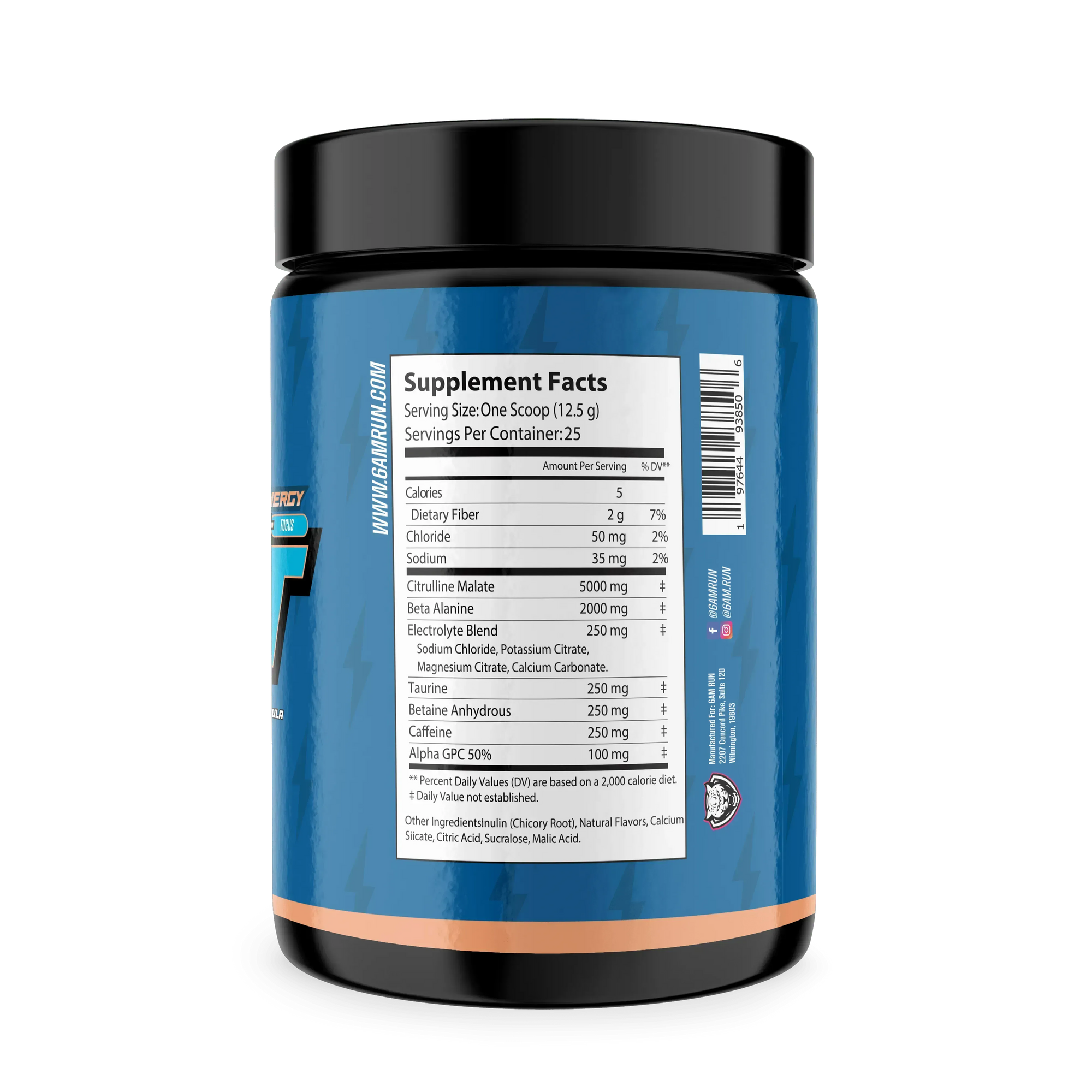 Supplement container with a blue label and black lid on a white background