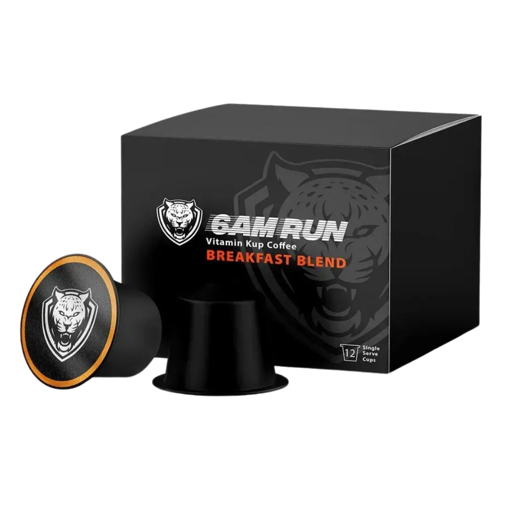 Black coffee pod and packaging with 'Sam Run' branding on a white background