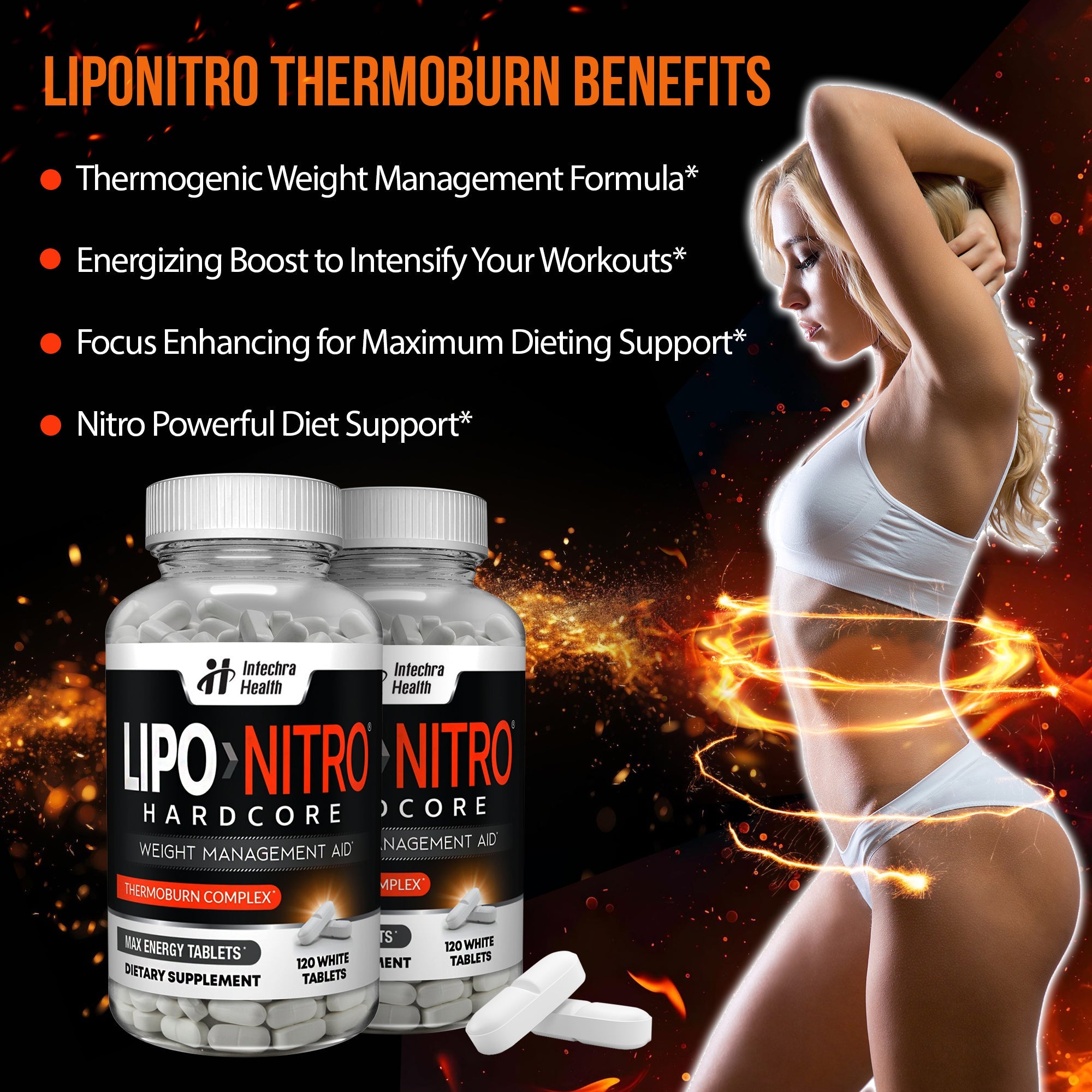 Liponitro Hardcore supplements with a woman in athletic wear on a fiery background