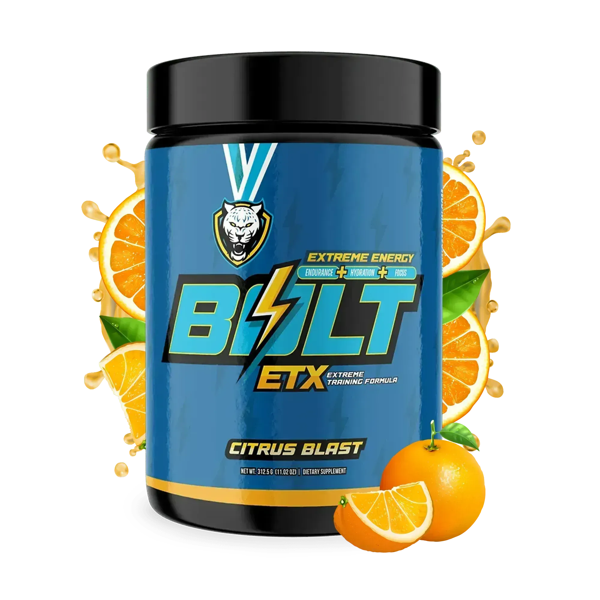 Bolt ETX supplement container with citrus blast flavor on a white background
