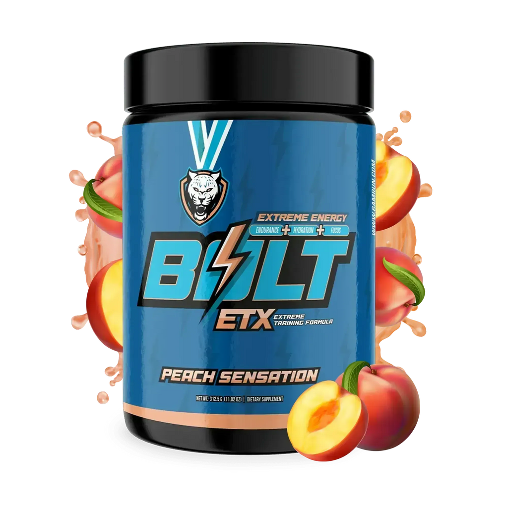 Bolt ETX Extreme Energy supplement container with peach slices on a white background