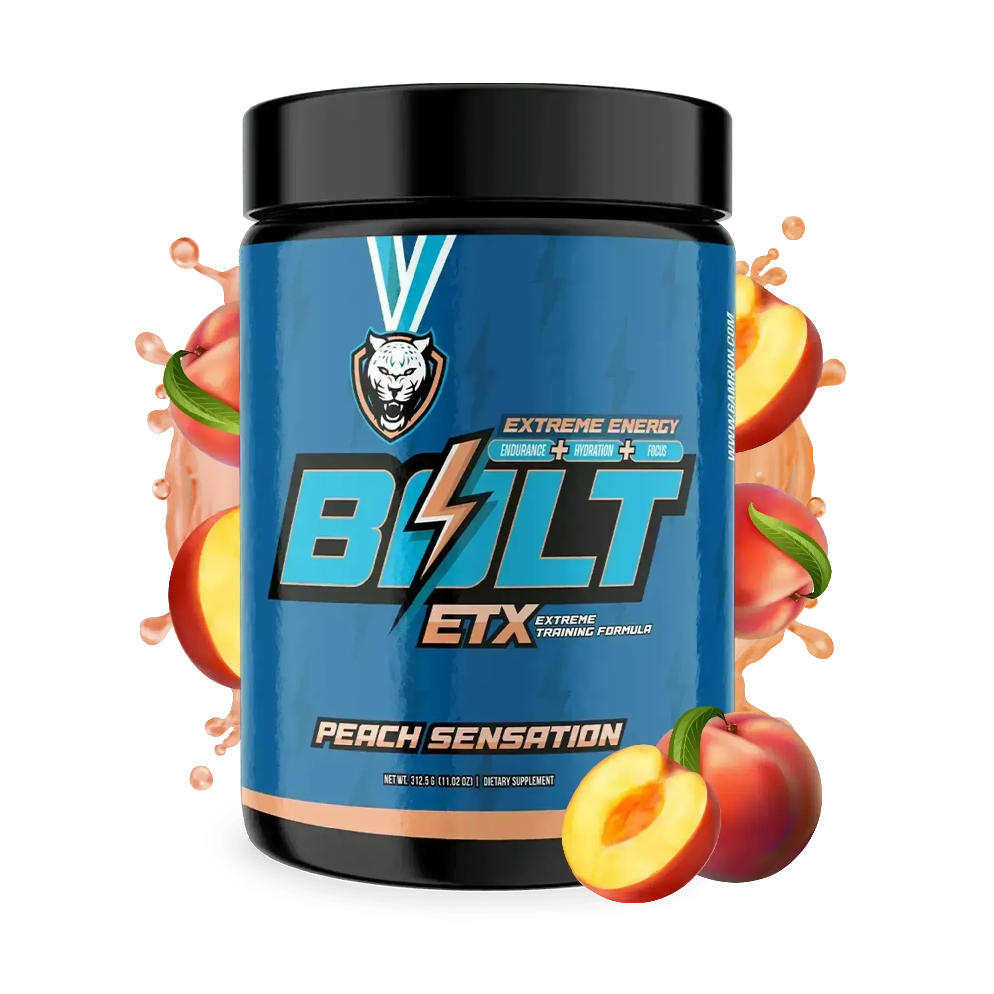 Bolt ETX Extreme Energy supplement container with peach slices on a white background
