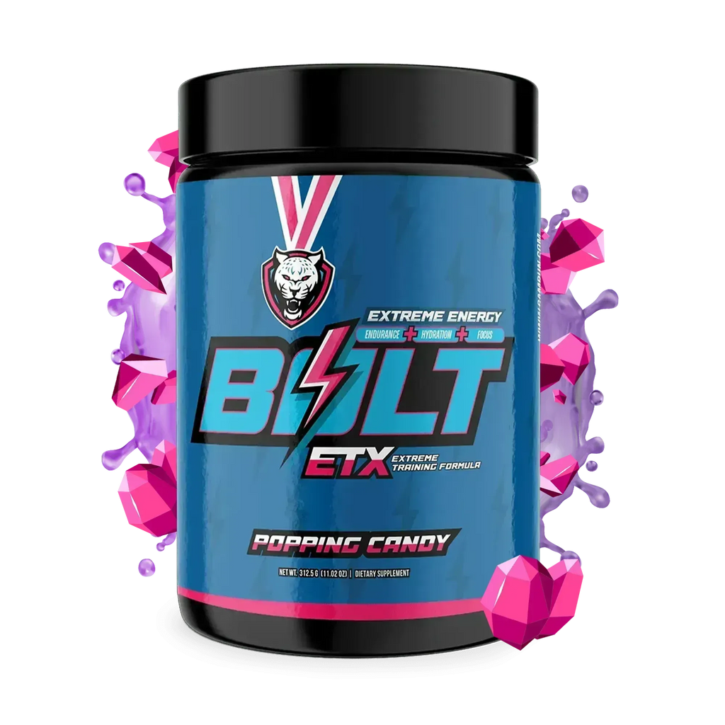Bolt ETX supplement container with colorful design on a white background