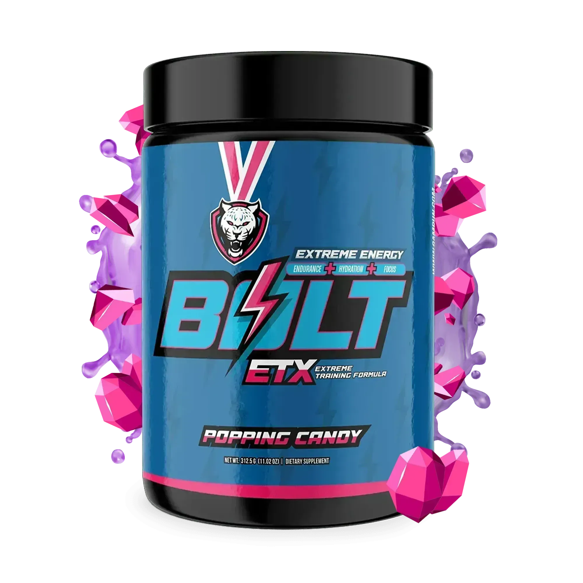 Bolt ETX supplement container with colorful design on a white background