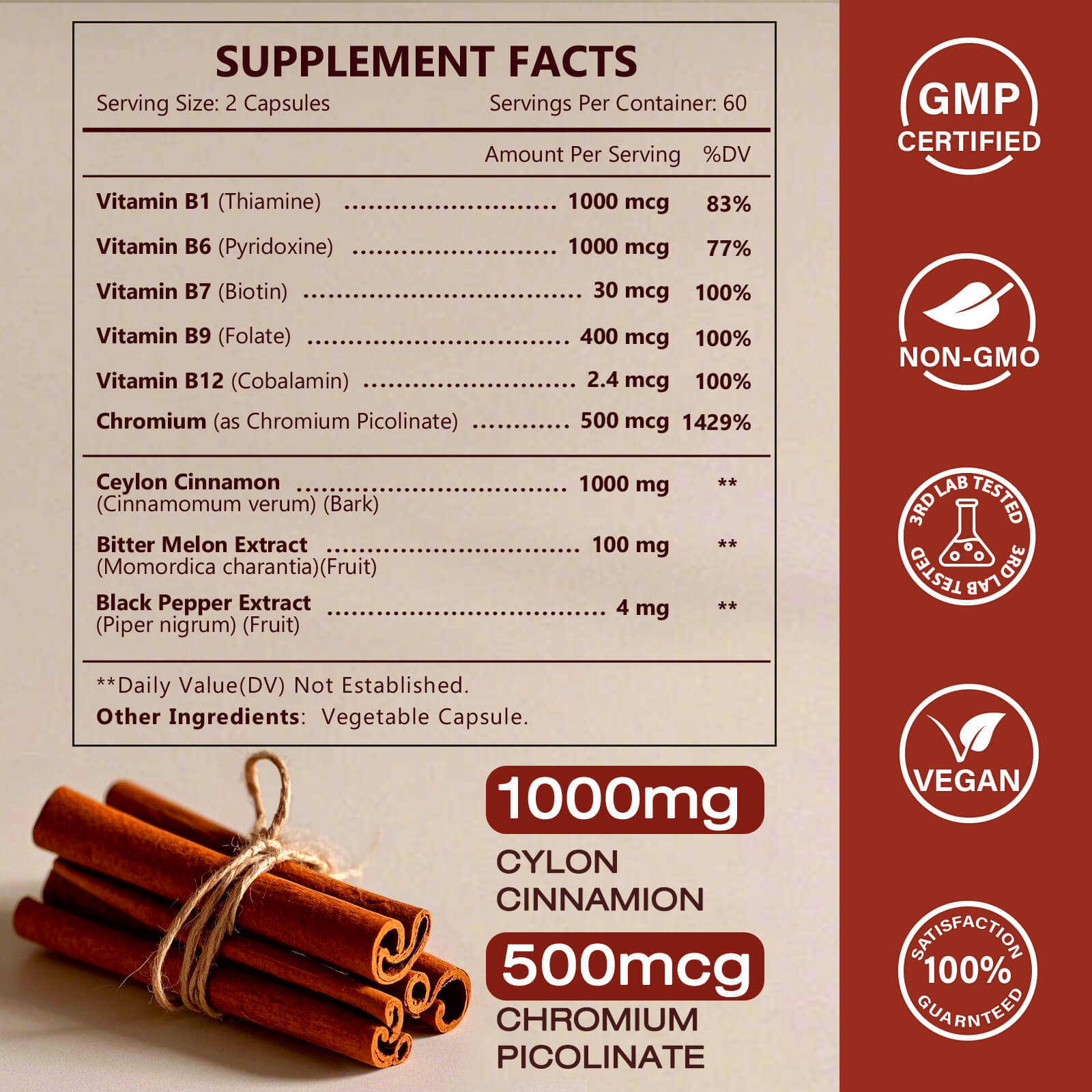 Supplement facts label with cinnamon sticks on a beige background
