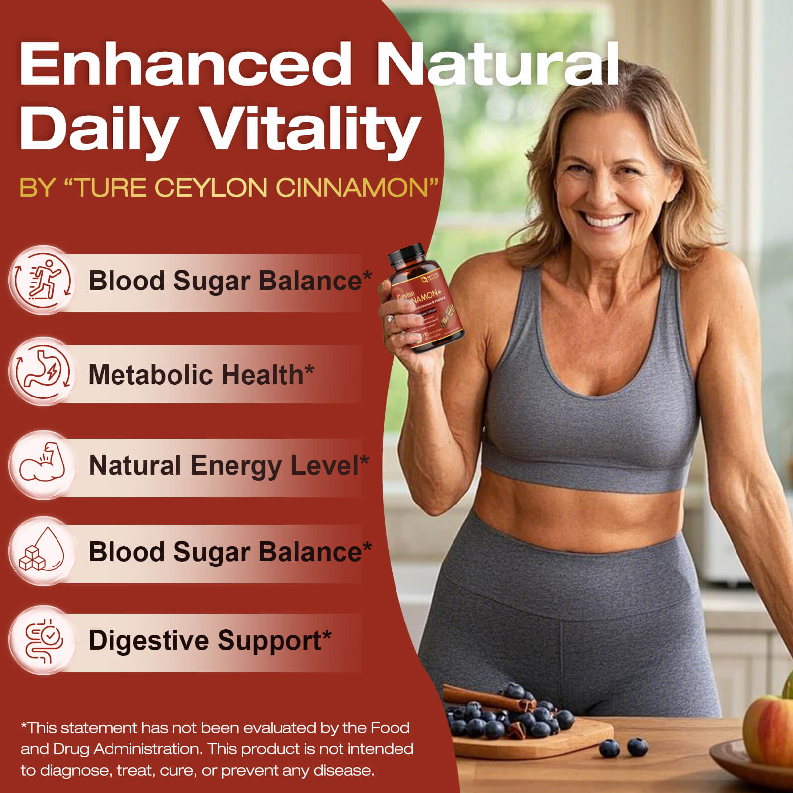Woman holding a supplement bottle with health benefits listed on a red background