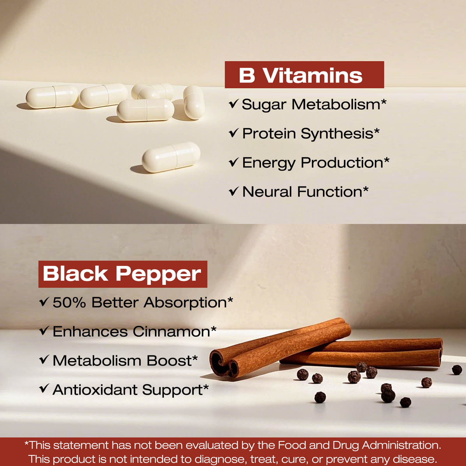 B vitamins and black pepper with their respective health benefits on a light background