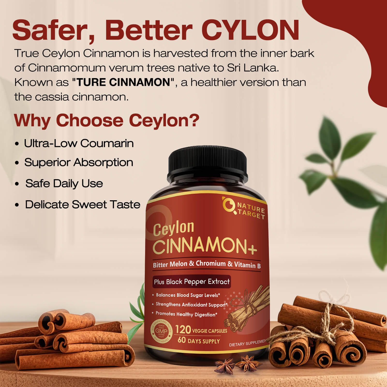Ceylon cinnamon supplement bottle with cinnamon sticks on a wooden surface