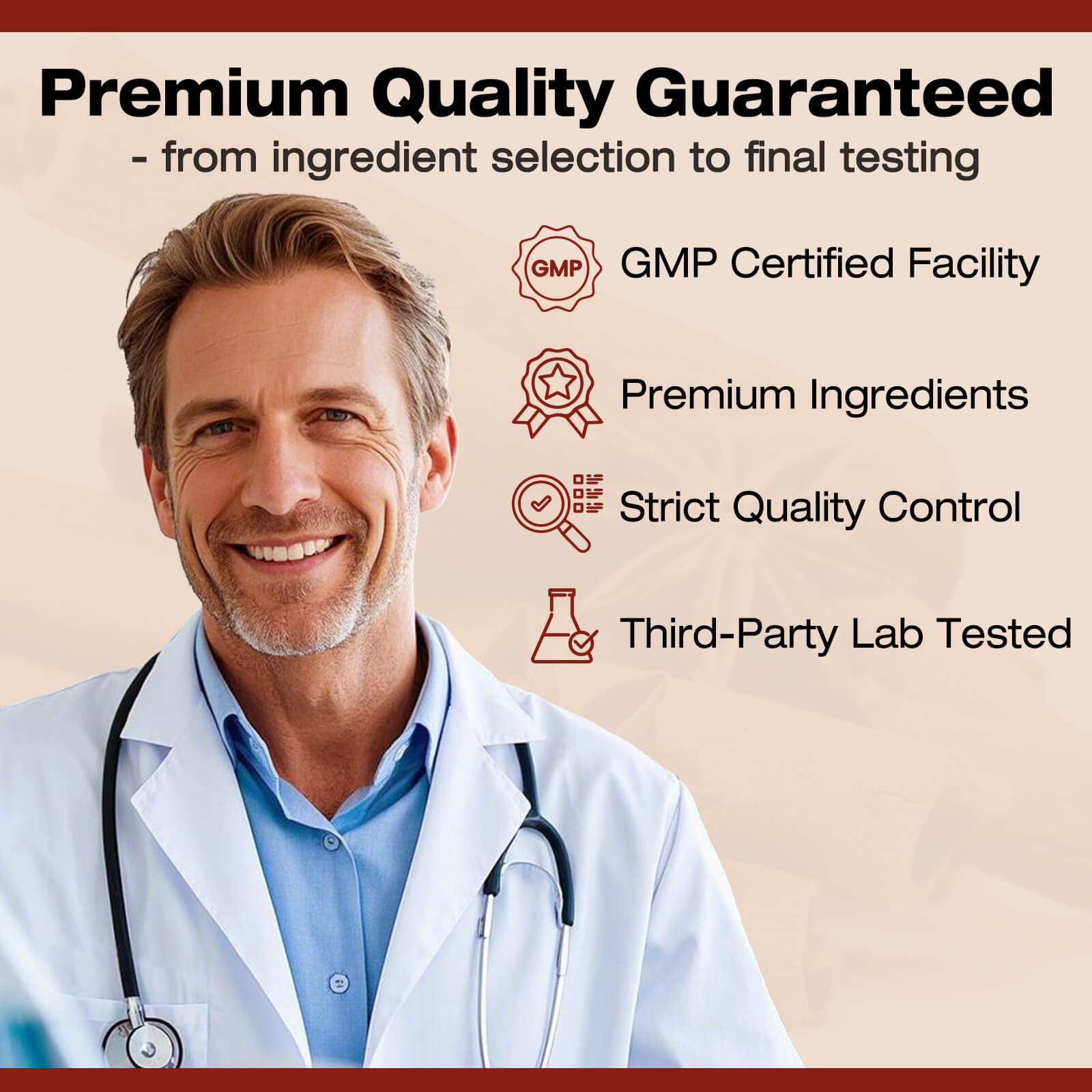 Man in a lab coat with quality assurance icons and text on a beige background