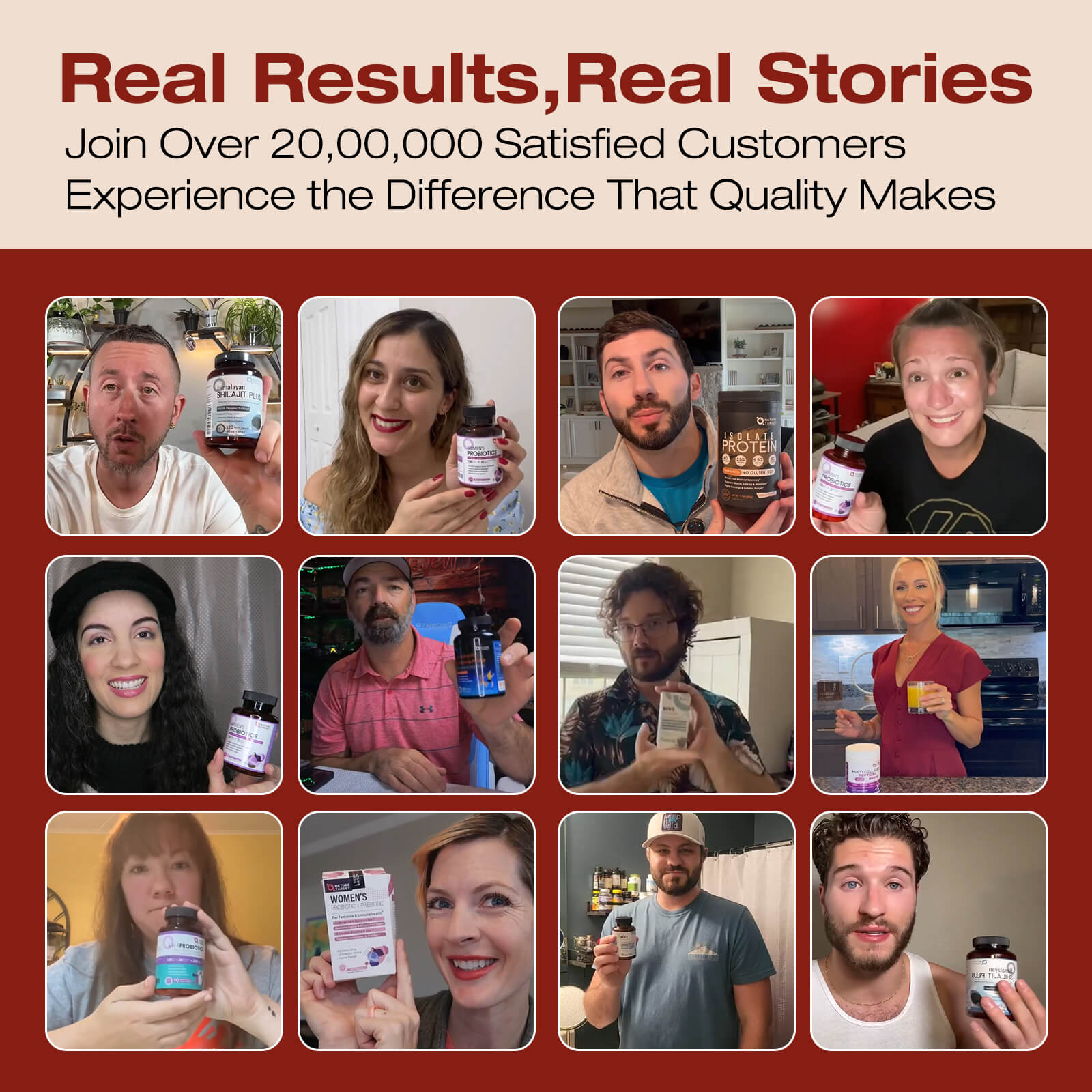 Collage of people holding and using a product with text about satisfied customers and real results.