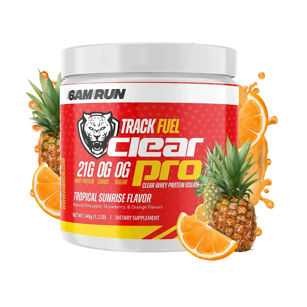 6AM Run Track Fuel Clear OG Pro supplement container with pineapple and orange slices on a white background