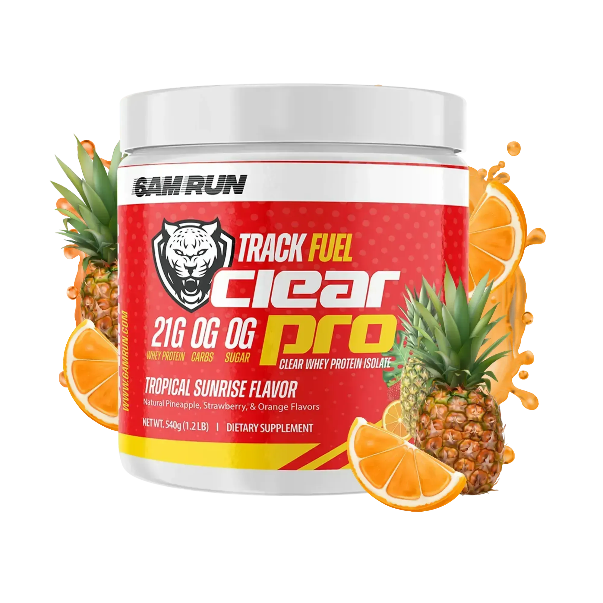 6AM Run Track Fuel Clear OG Pro supplement container with pineapple and orange slices on a white background