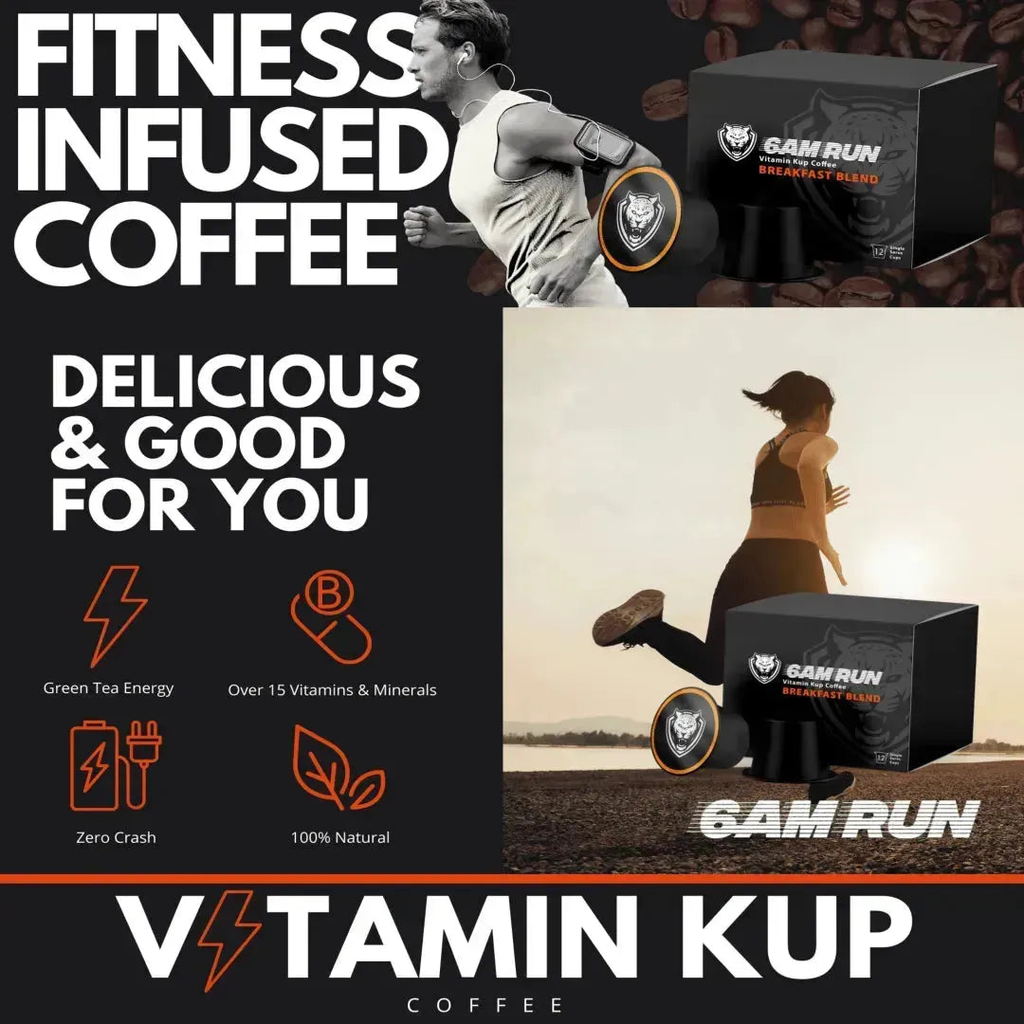 Advertisement for Vitamin Kup coffee with text and images of people exercising, featuring the brand '6AM Run'.