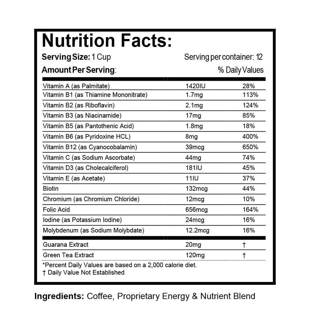 Nutrition facts label for a product with various vitamins and ingredients listed.