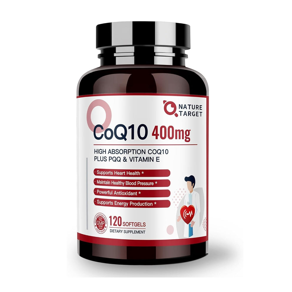 Nature Target CoQ10 supplement bottle on a white background