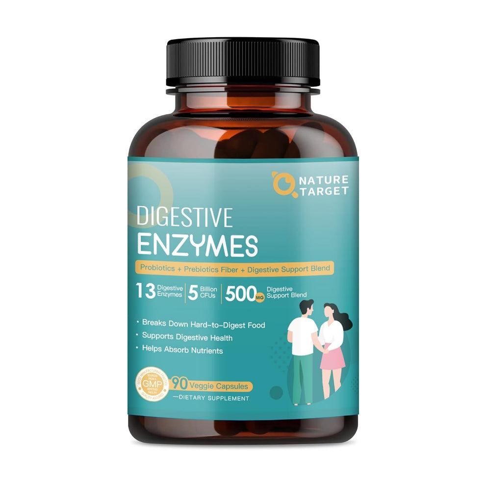 Bottle of digestive enzymes supplement with a blue label on a white background