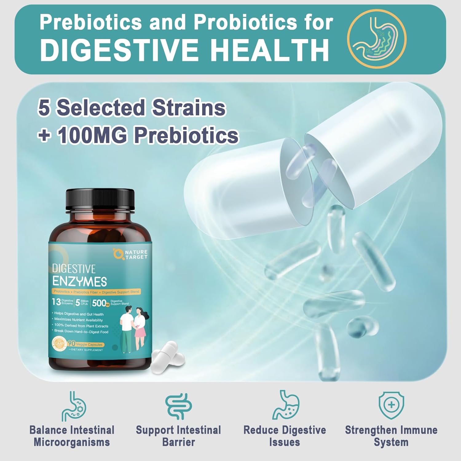 Supplement bottle labeled 'Digestive Enzymes' with text about prebiotics and probiotics for digestive health on a light blue background.