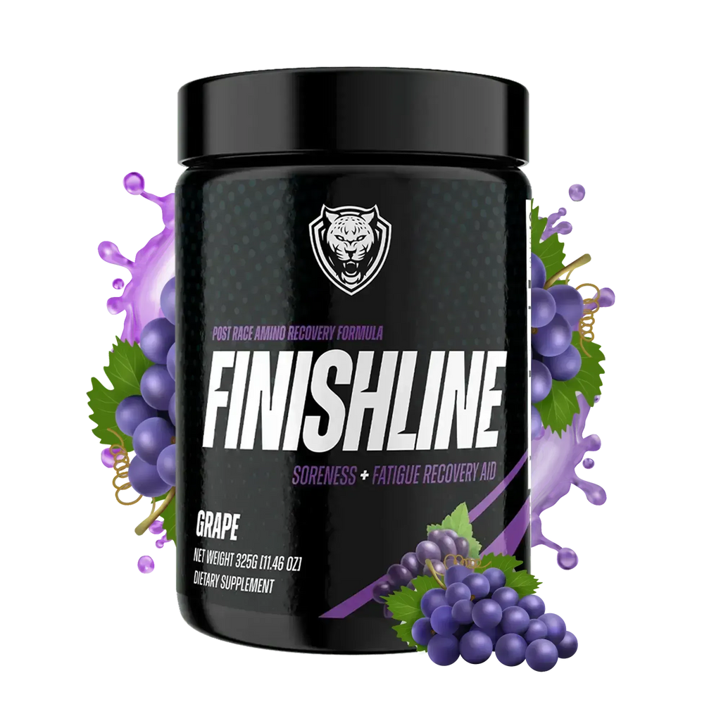 Finishline dietary supplement container with grape flavor on a white background