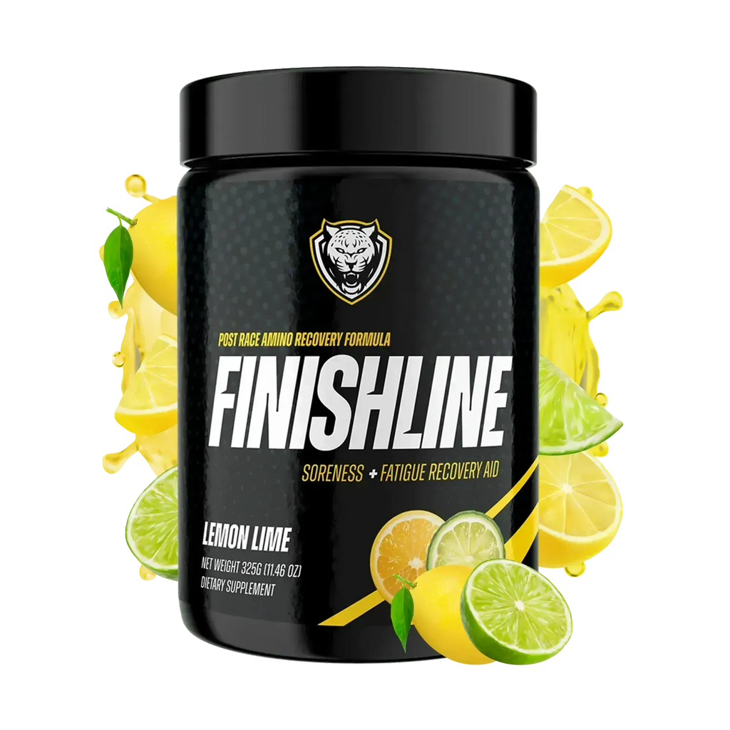 Finishline supplement container with lemon and lime graphics on a white background