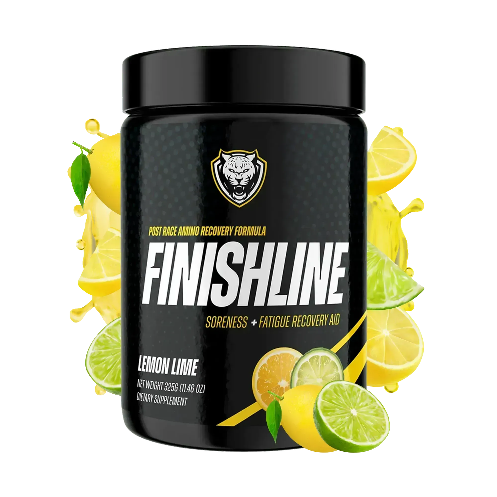 Finishline supplement container with lemon and lime graphics on a white background