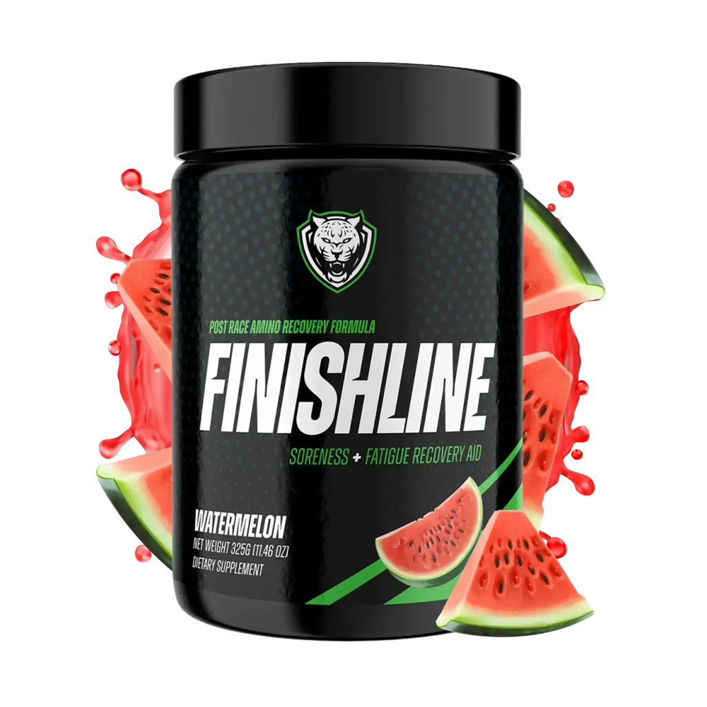 Finishline supplement container with watermelon flavor on a white background