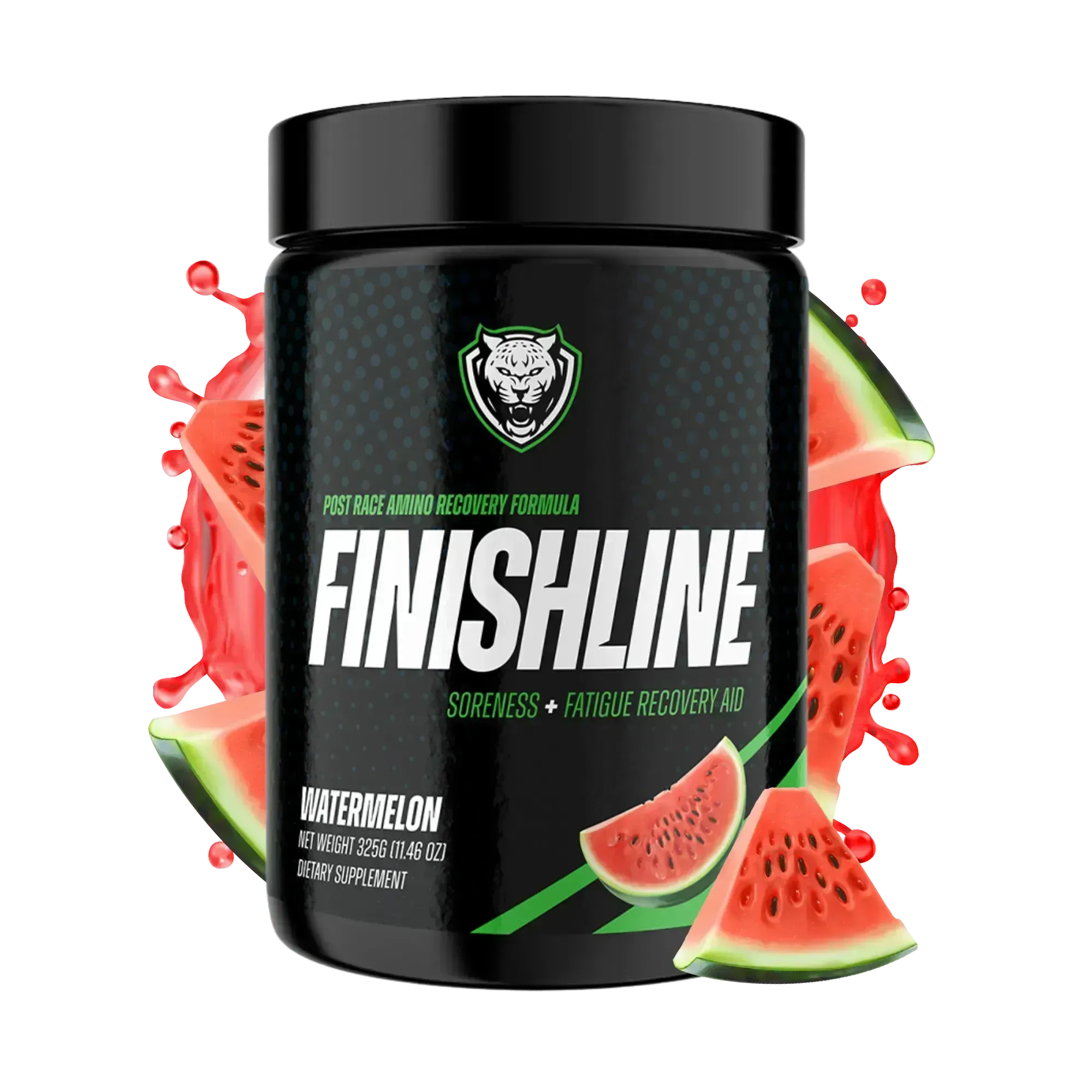 Finishline supplement container with watermelon flavor on a white background