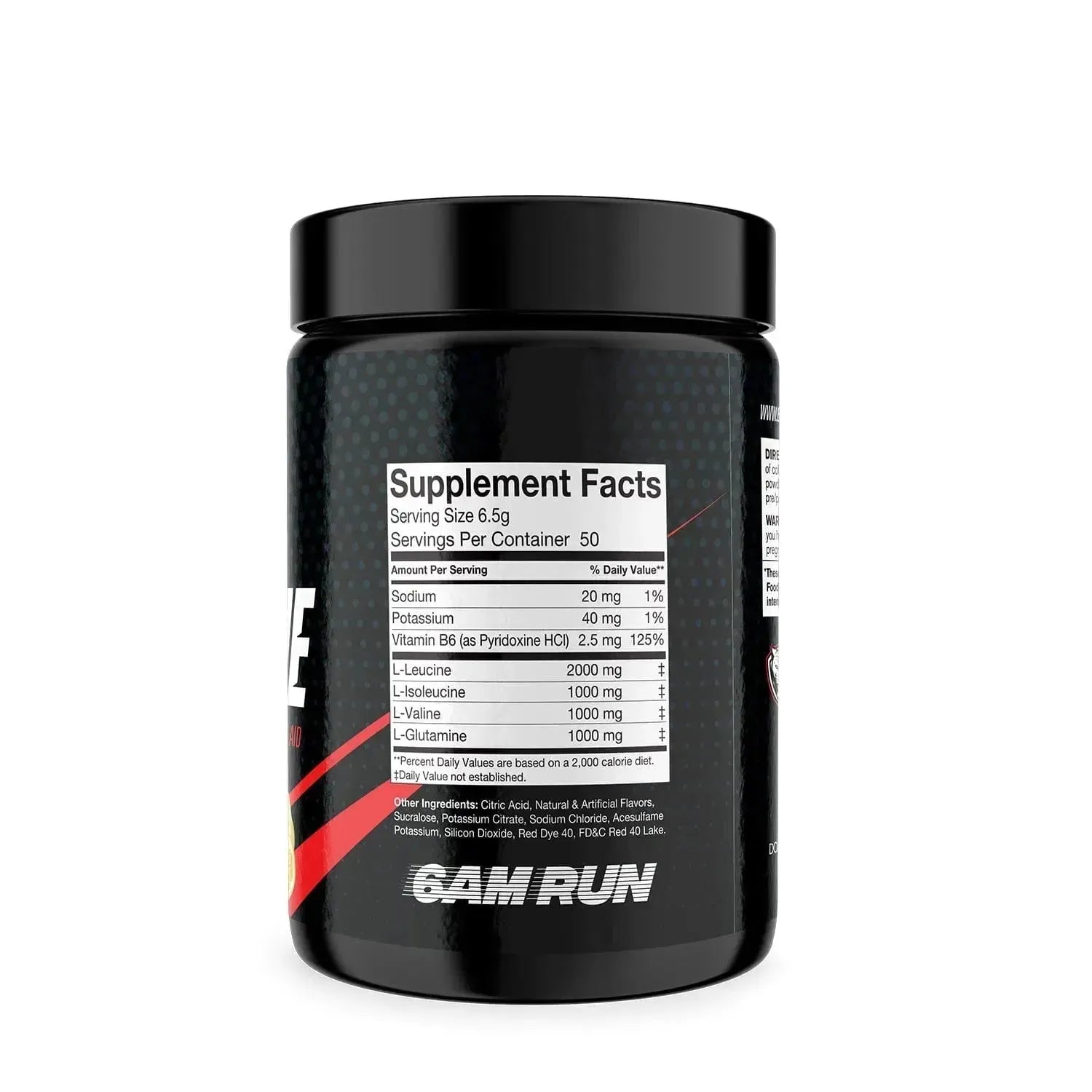 Black supplement container with '6AM RUN' branding and supplement facts label on a white background