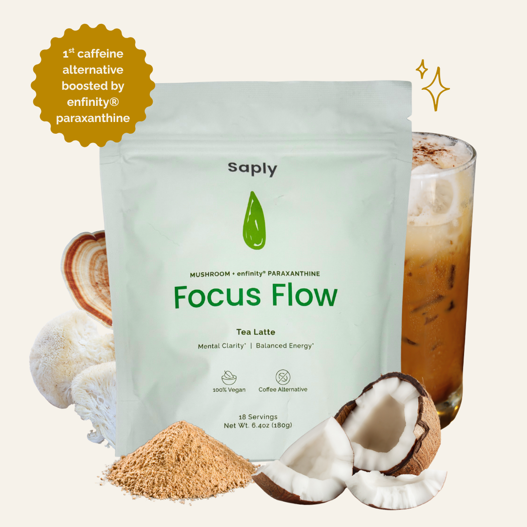 Saply Focus Flow Tea Latte package with ingredients and a glass of tea latte on a light background