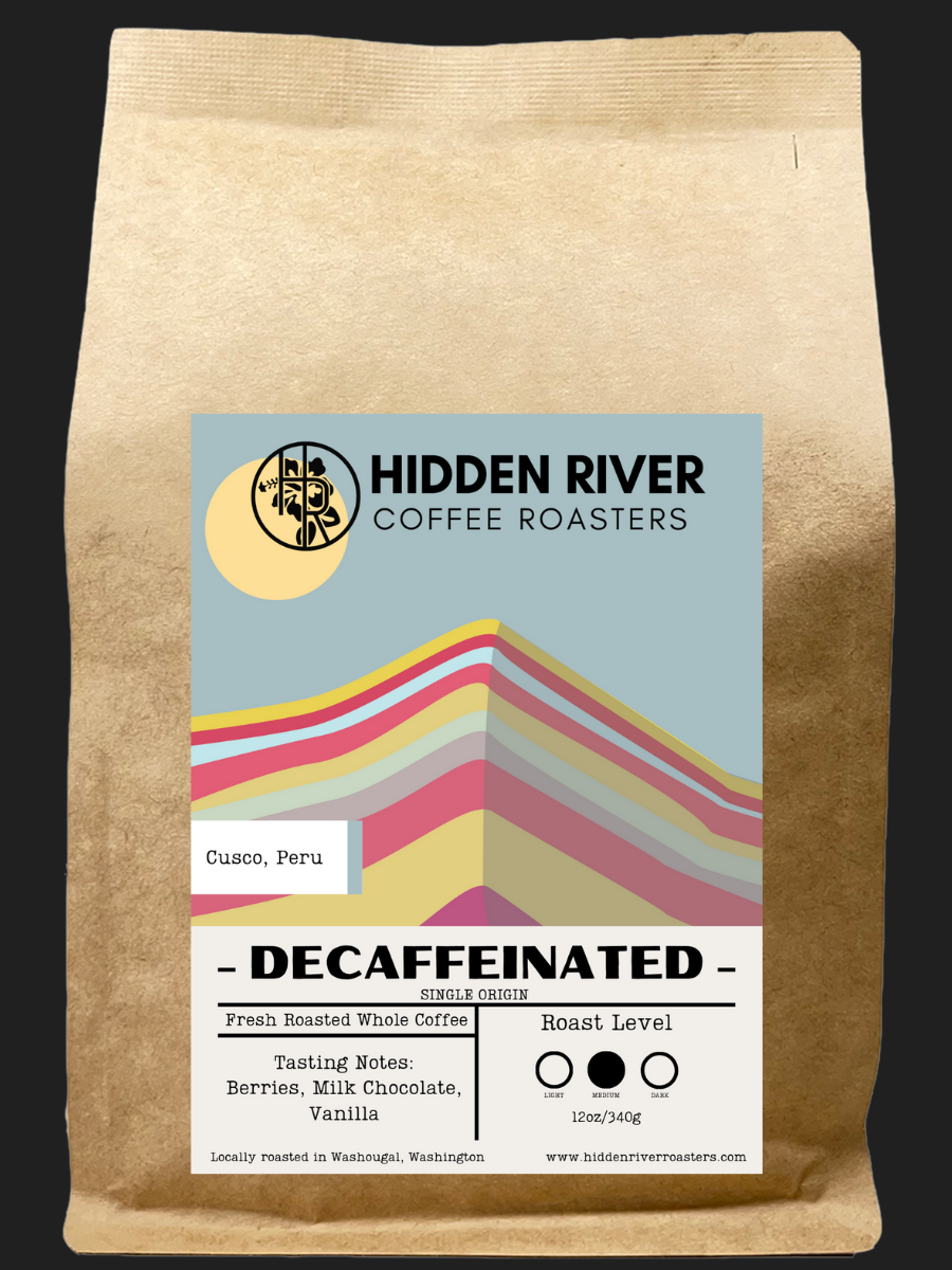 Coffee bag from Hidden River Coffee Roasters with a colorful label on a black background