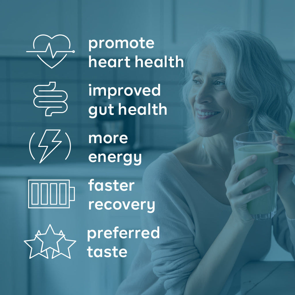 Woman holding a glass of milk with health benefits listed on a blue background
