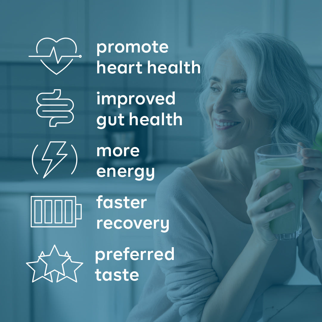 Woman holding a glass of milk with health benefits listed on a blue background