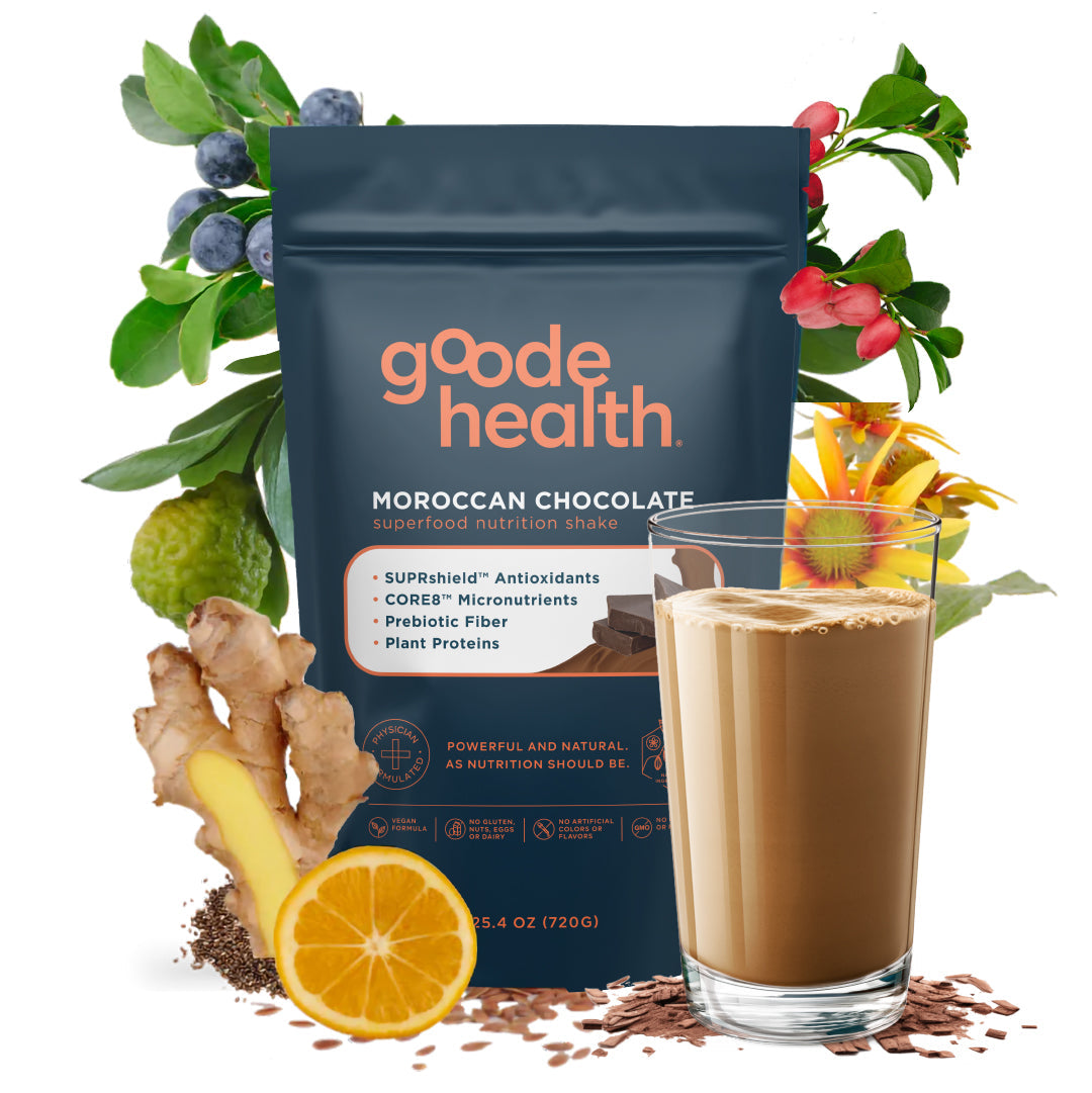 goode health Moroccan Chocolate superfood nutrition shake package with a glass of shake and ingredients around it.