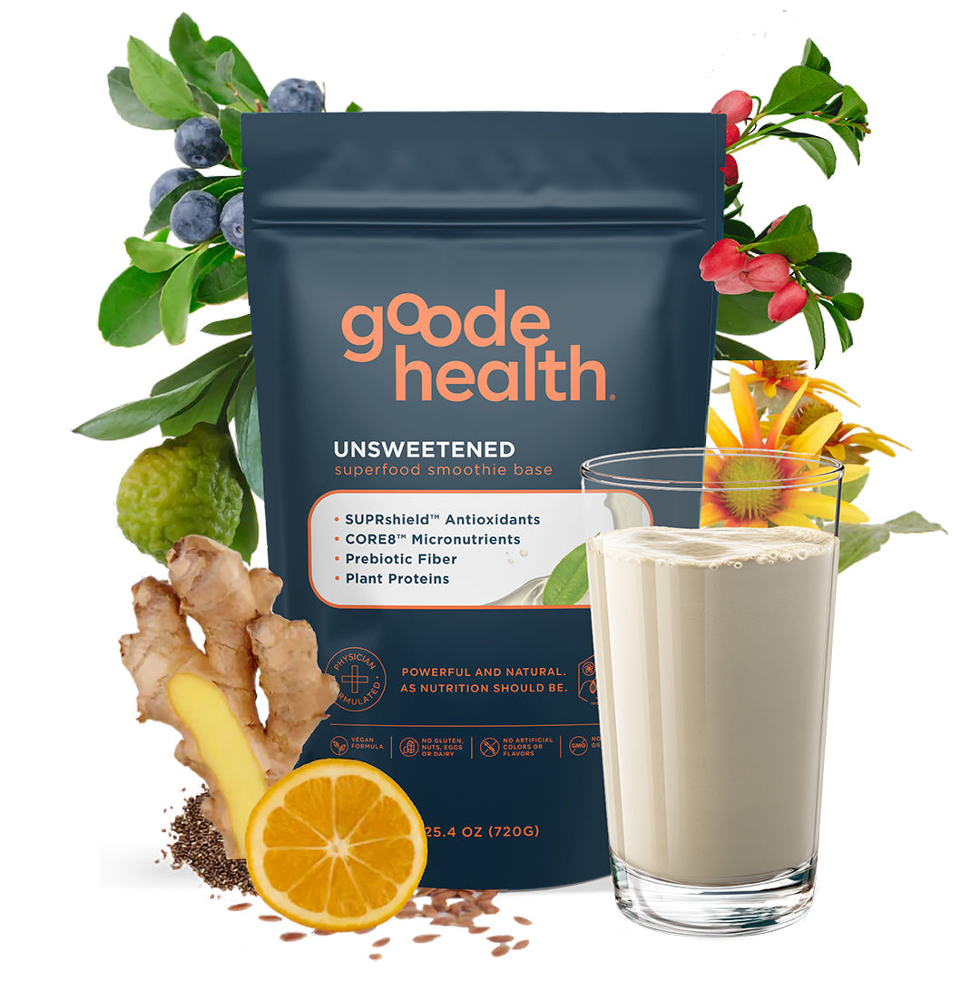 Goode Health unsweetened superfood smoothie base package with a glass of smoothie and ingredients on a white background