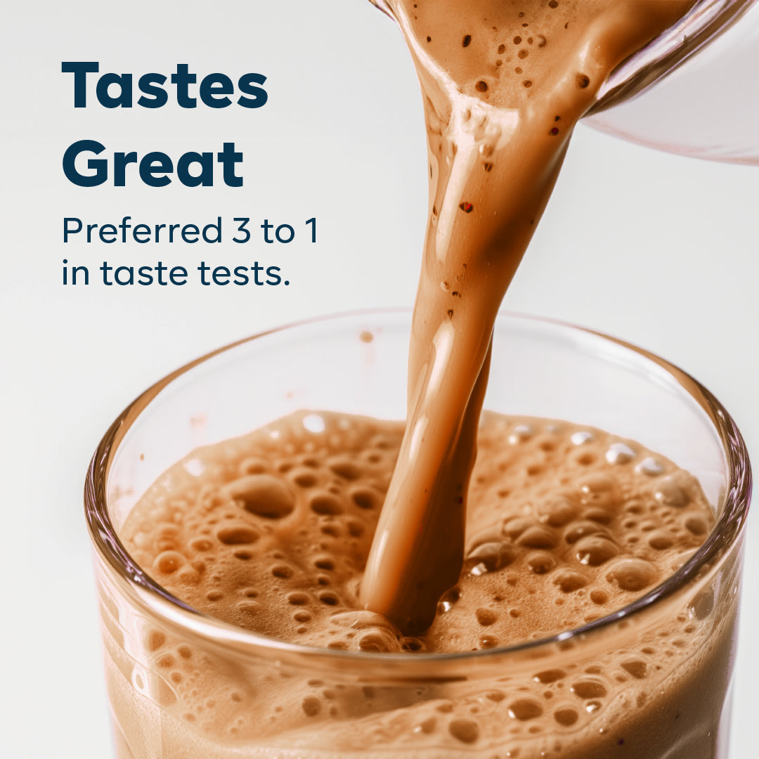 Chocolate milk being poured into a glass with text about taste preference.