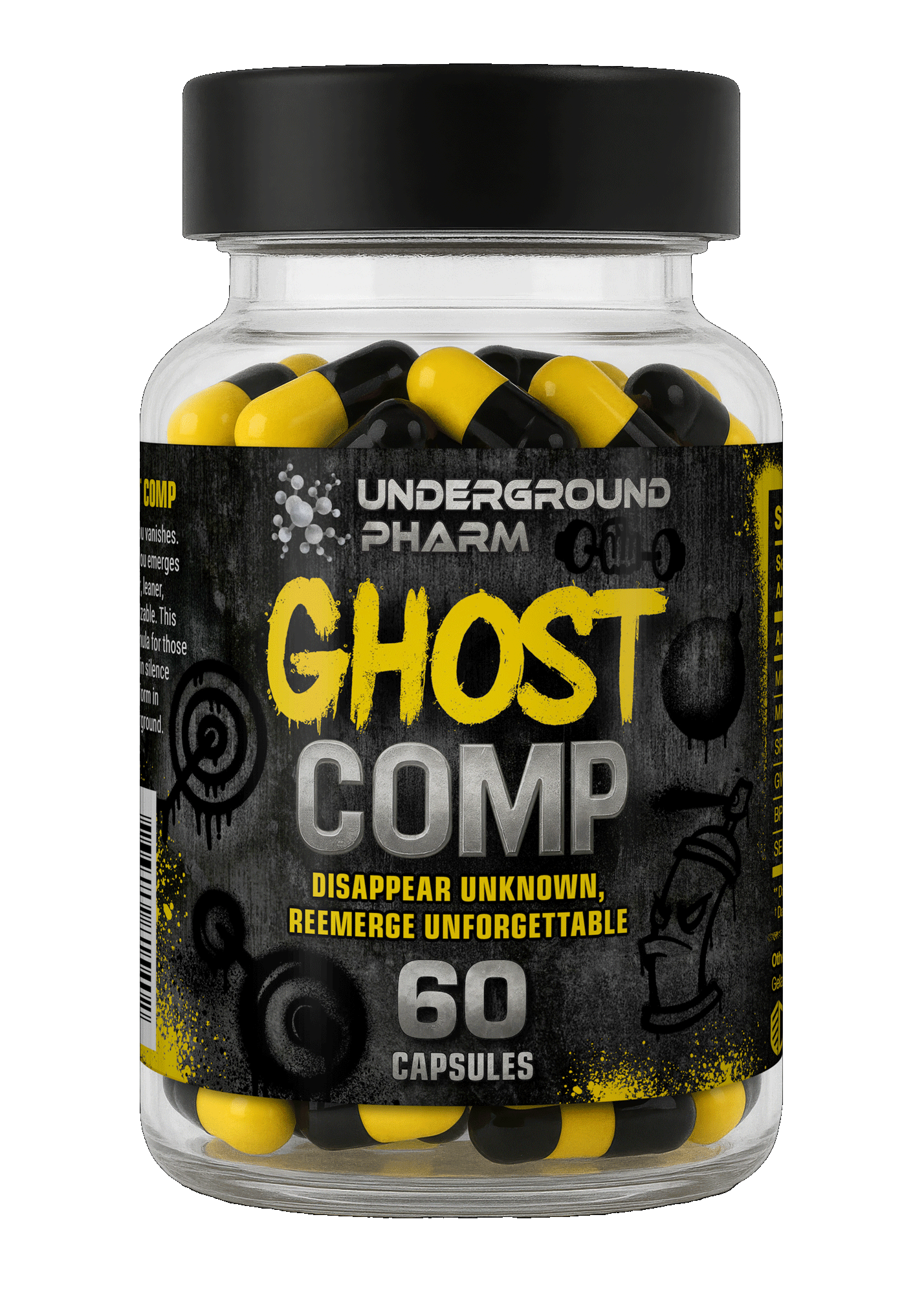 Bottle of 'Ghost Comp' capsules by Underground Pharm on a black background