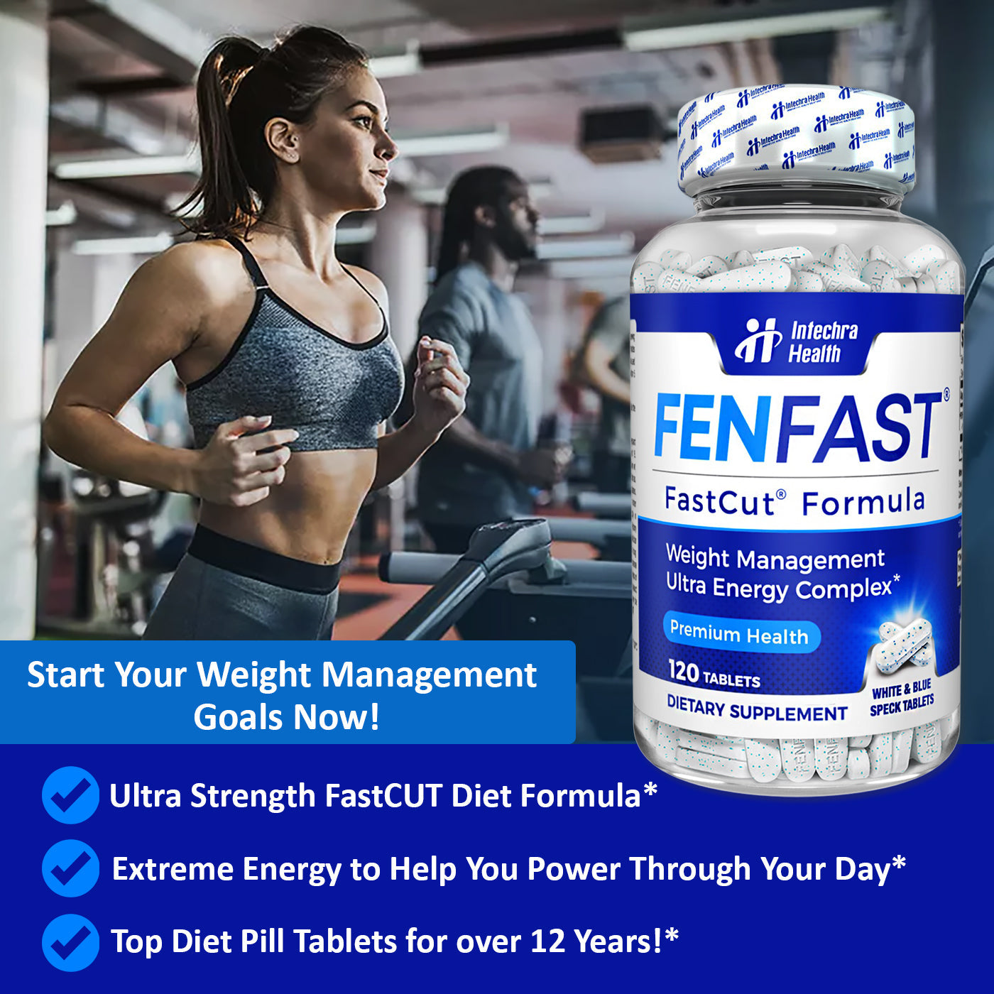 Woman in a gym with a bottle of Intechra Health FenFast supplement in the foreground.