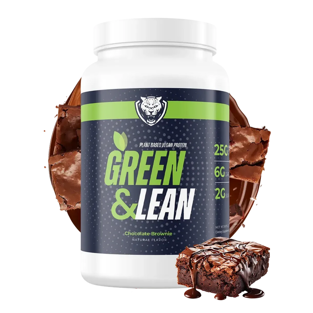 White container of 'Green & Lean' protein powder with a chocolate brownie on a white background