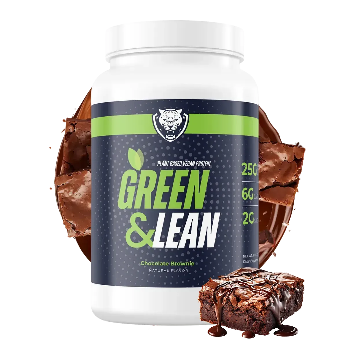 White container of 'Green & Lean' protein powder with a chocolate brownie on a white background