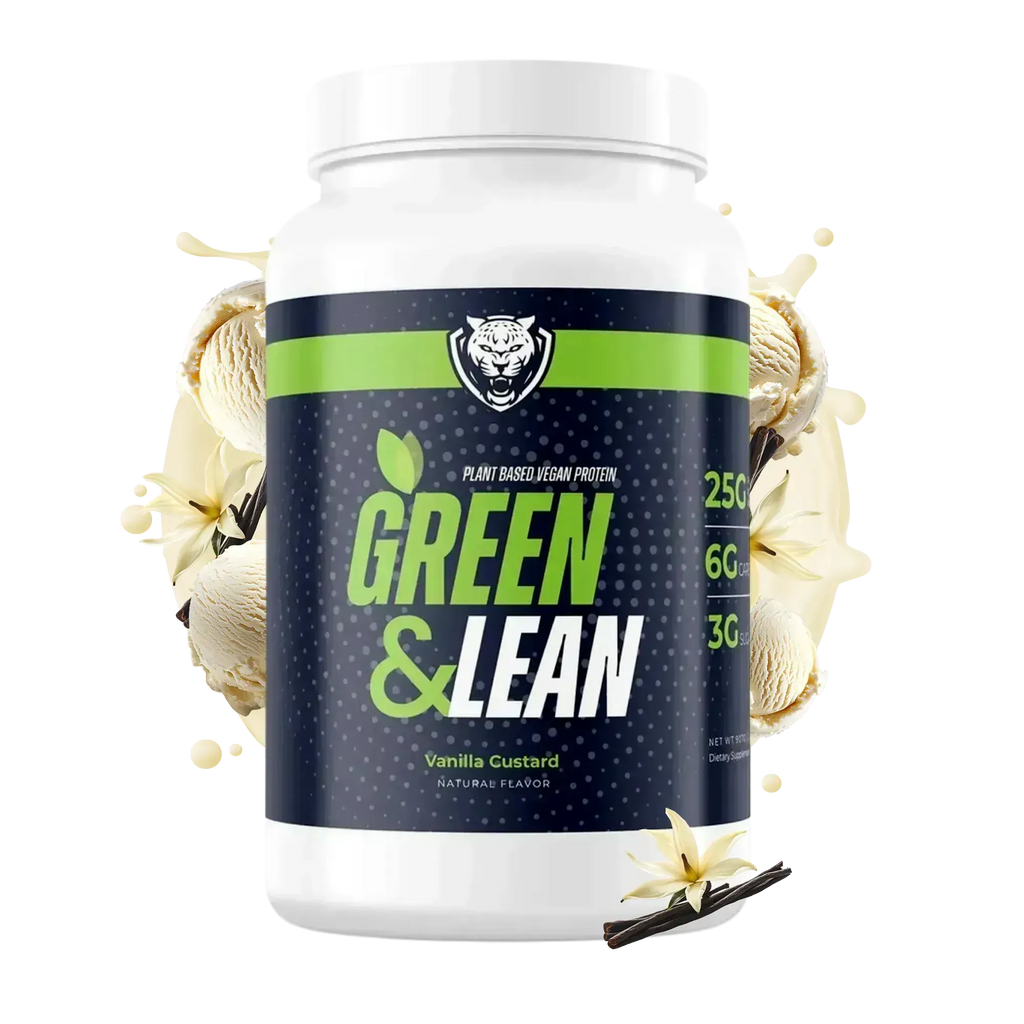 Protein powder container labeled 'Green & Lean' with vanilla custard flavor on a white background.