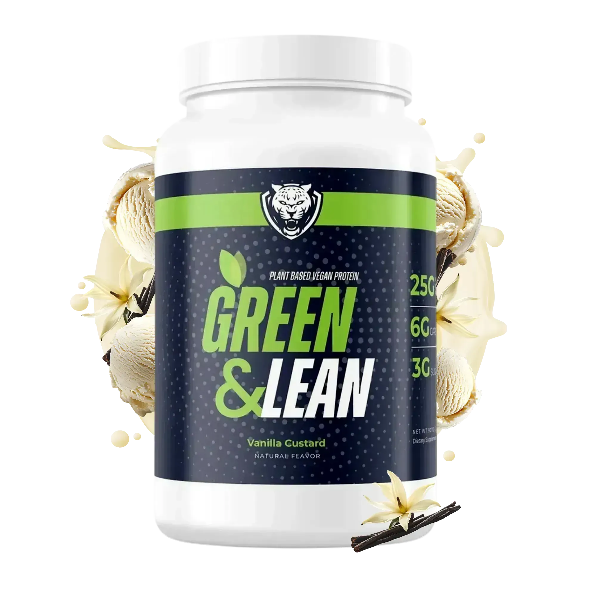 Protein powder container labeled 'Green & Lean' with vanilla custard flavor on a white background.