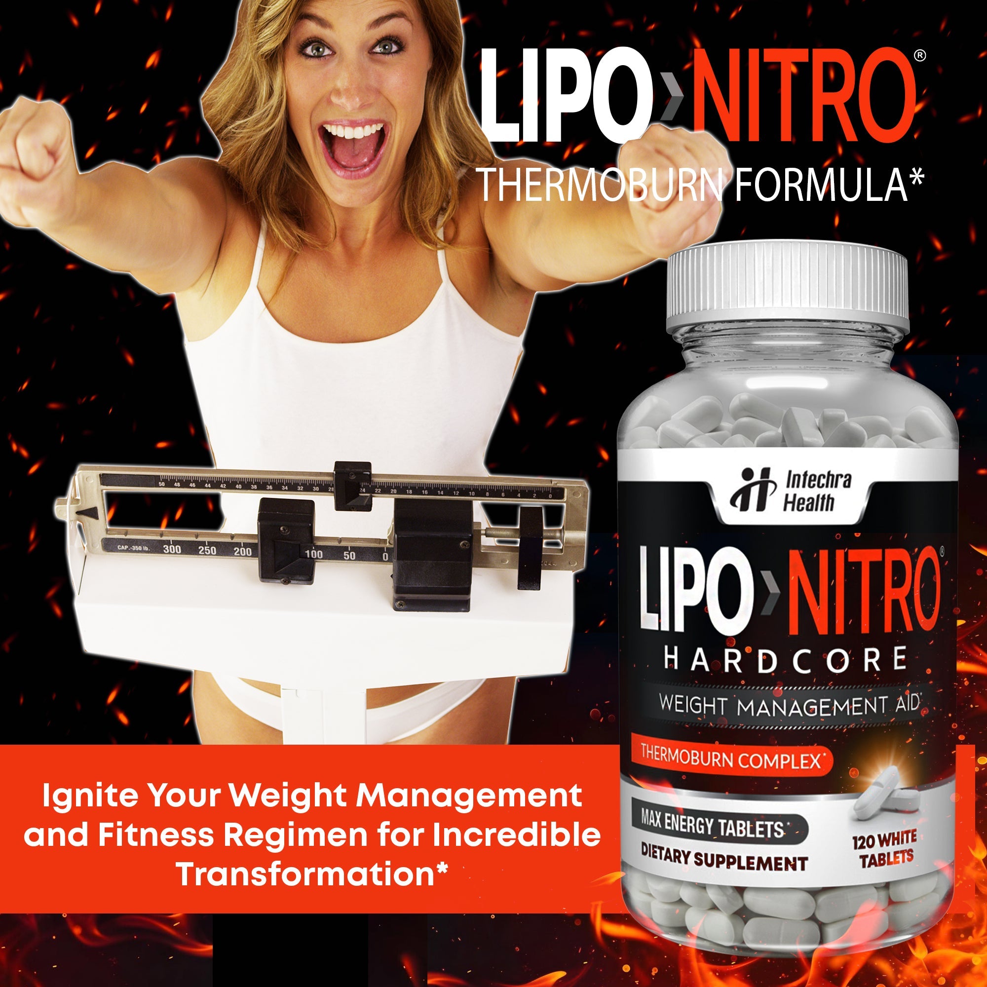 Advertisement for Lipo Nitro Hardcore weight management supplement with a woman on a scale and product bottle.