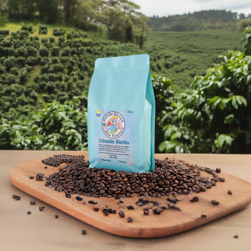 Bag of coffee beans with a scenic background