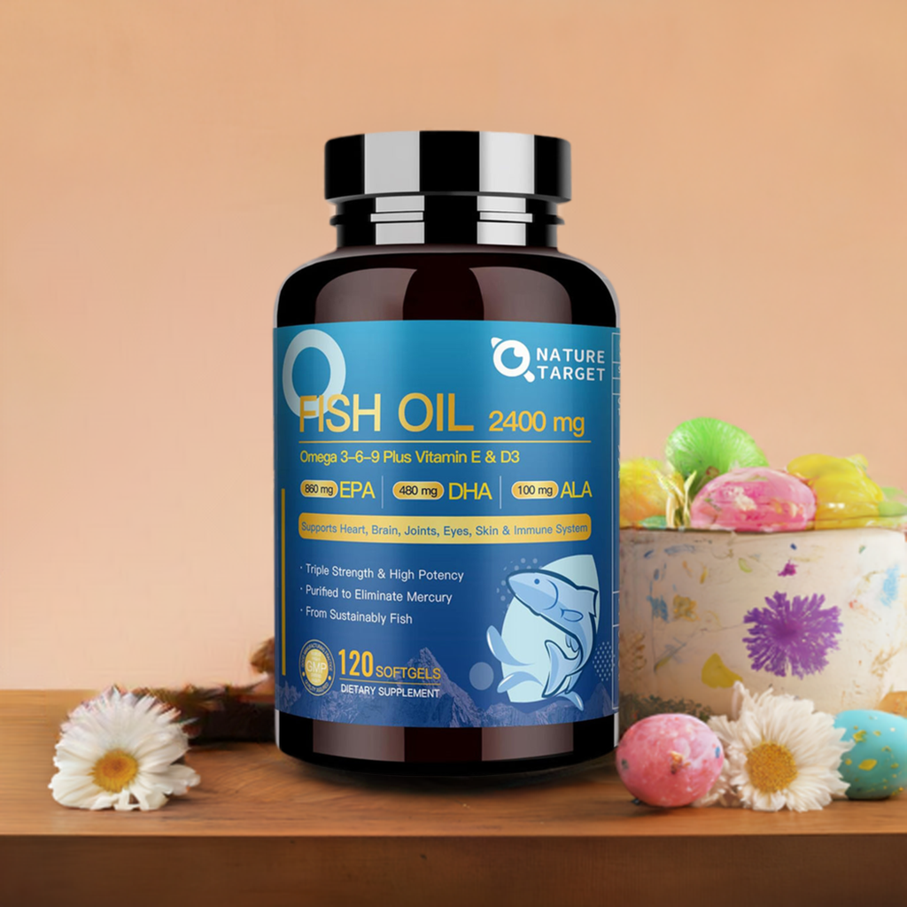 Nature's Target fish oil supplement bottle on a wooden surface with Easter eggs and flowers.