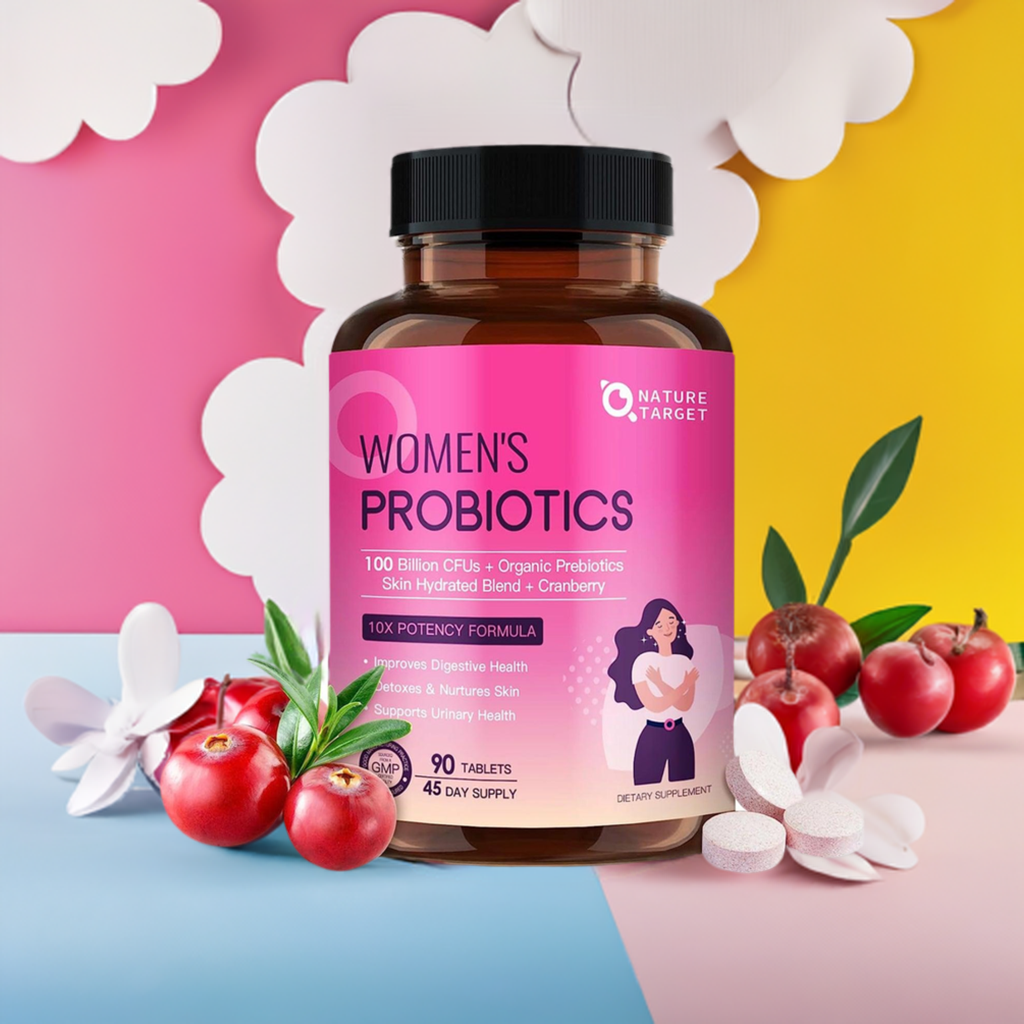 Bottle of Nature Target Women's Probiotics with a colorful background