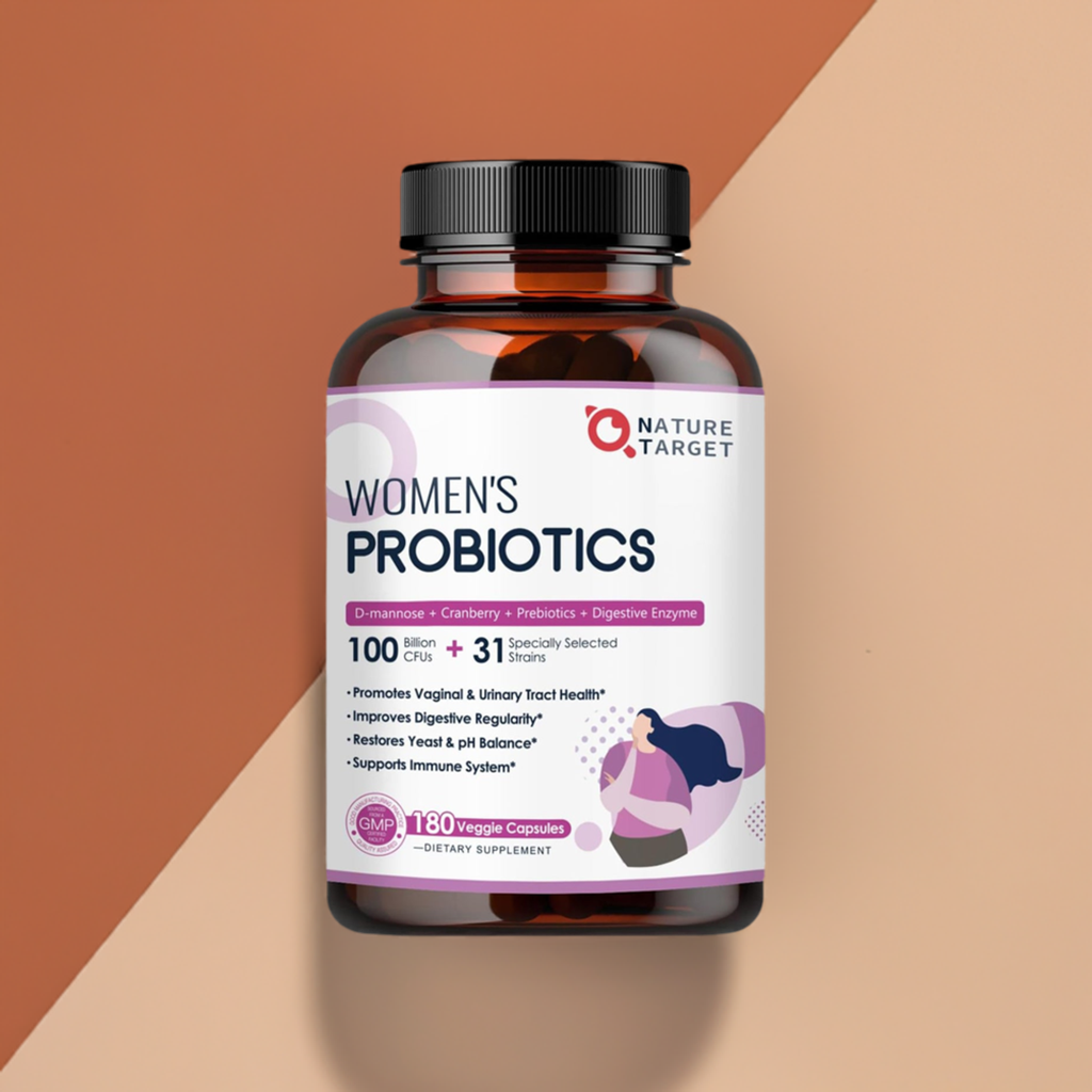 Bottle of Nature Target Women's Probiotics on a two-tone brown background