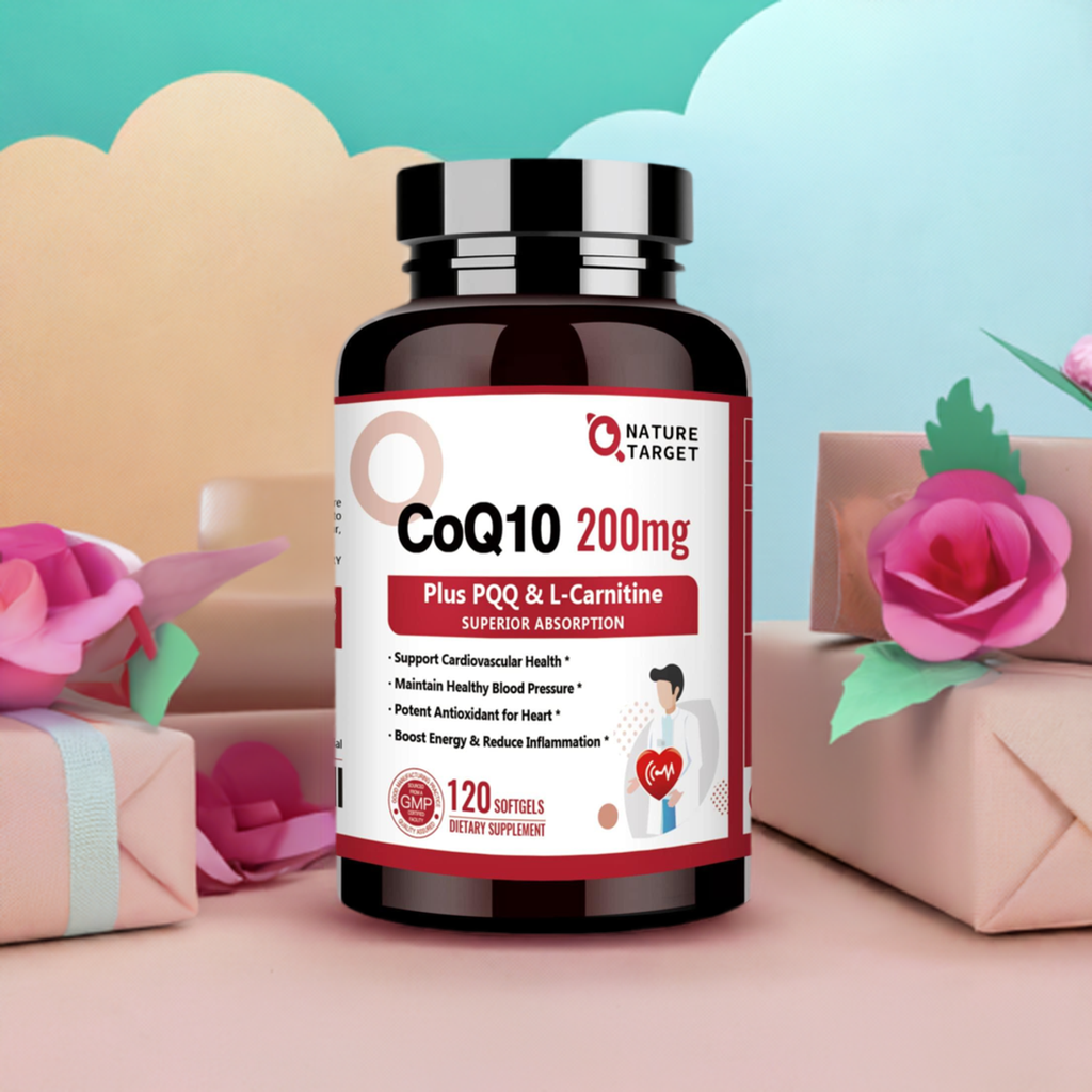Supplement bottle labeled CoQ10 with decorative flowers and gift boxes in the background