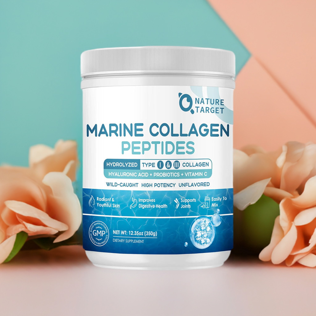 Nature Target Marine Collagen Peptides supplement container with flowers in the background