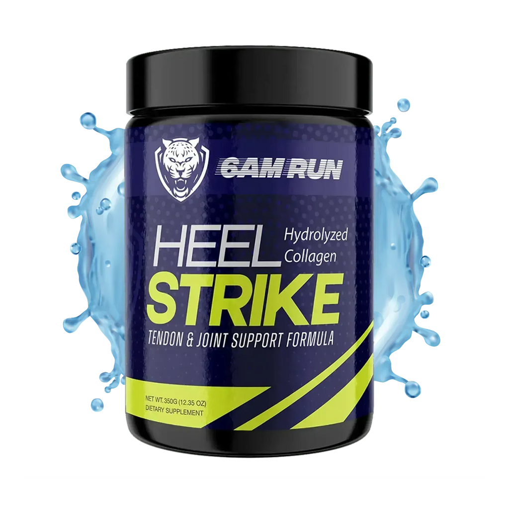 Container of Gam Run Heel Strike Hydrolyzed Collagen supplement with blue liquid splash on a white background