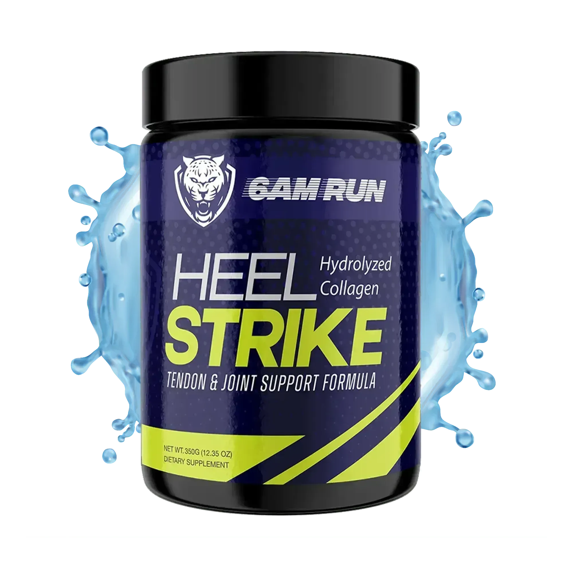 Container of Gam Run Heel Strike Hydrolyzed Collagen supplement with blue liquid splash on a white background